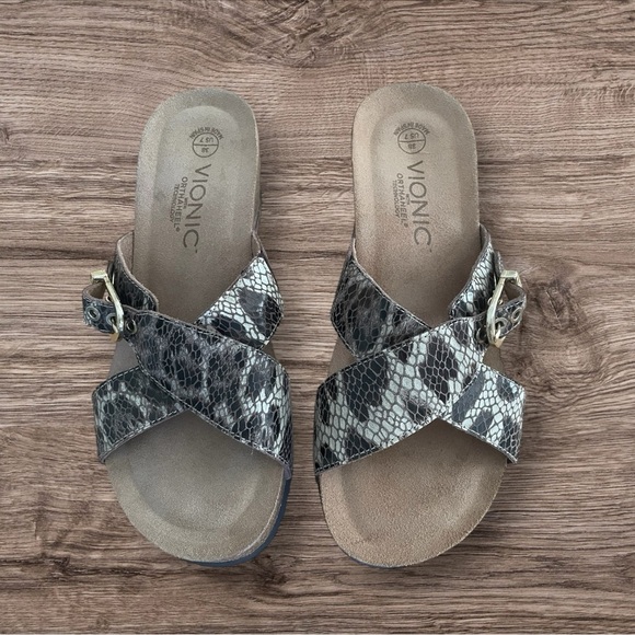 Vionic Women's Danette Snakeskin Cork Wedge Orthaheel Sandals - Picture 1 of 5
